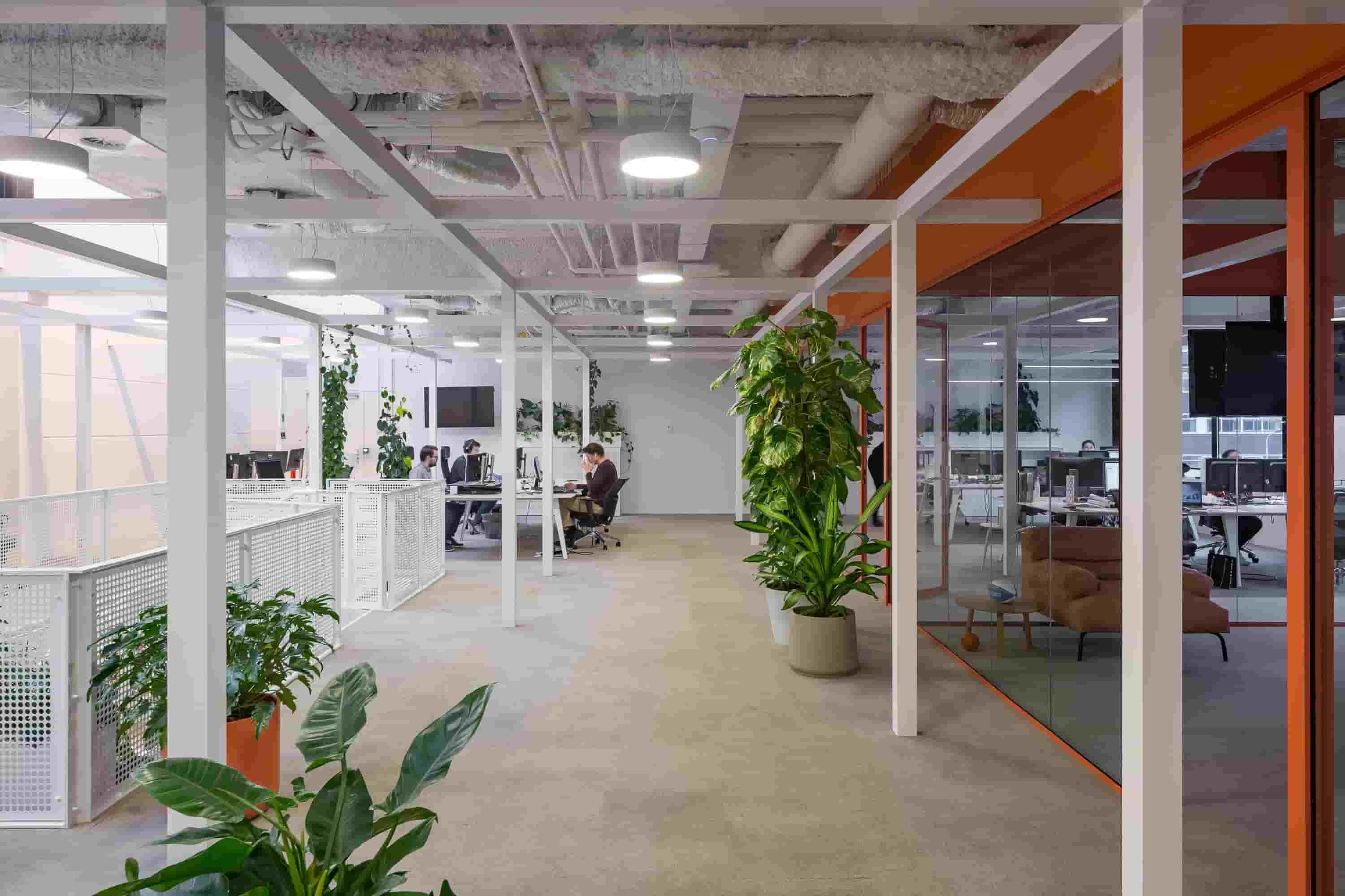 Workrate office Amsterdam with beige carpet and an orange glass wall.